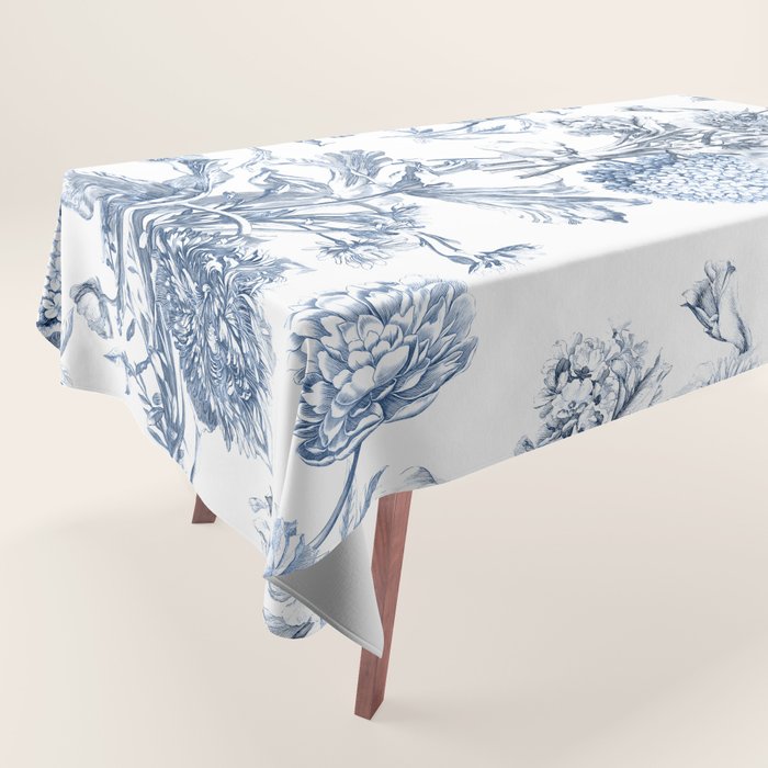 Floral Toile, Blue with White Background Tablecloth Gallery Image 1
