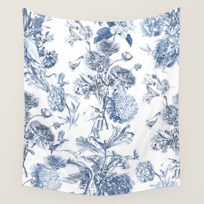 Floral Toile, Blue with White Background Wall Tapestry Gallery Image 4