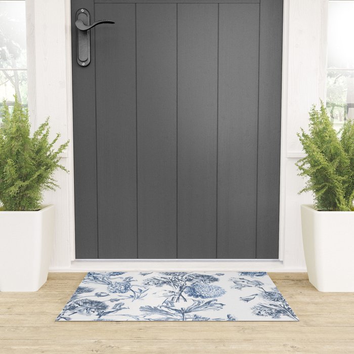 Floral Toile, Blue with White Background Welcome Mat Gallery Image 3
