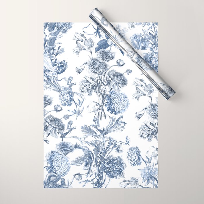 Floral Toile, Blue with White Background Wrapping Paper Gallery Image 1