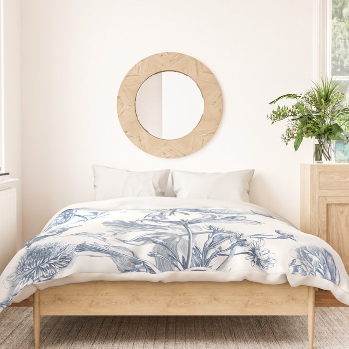 Floral Toile, Blue with White Background Duvet Cover Gallery Image 3