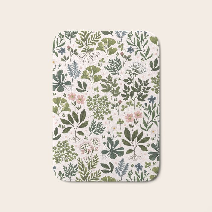 Herbarium ~ vintage inspired botanical art print ~ white Bath Mat Gallery Image 1