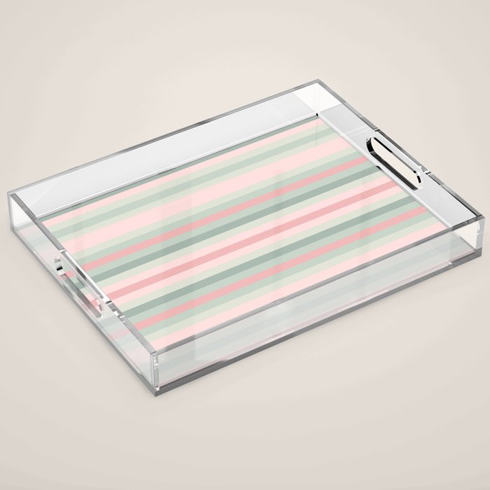 Soft Stripes Pattern in Eucalyptus Green and Blush Pink Acrylic Tray Gallery Image 1