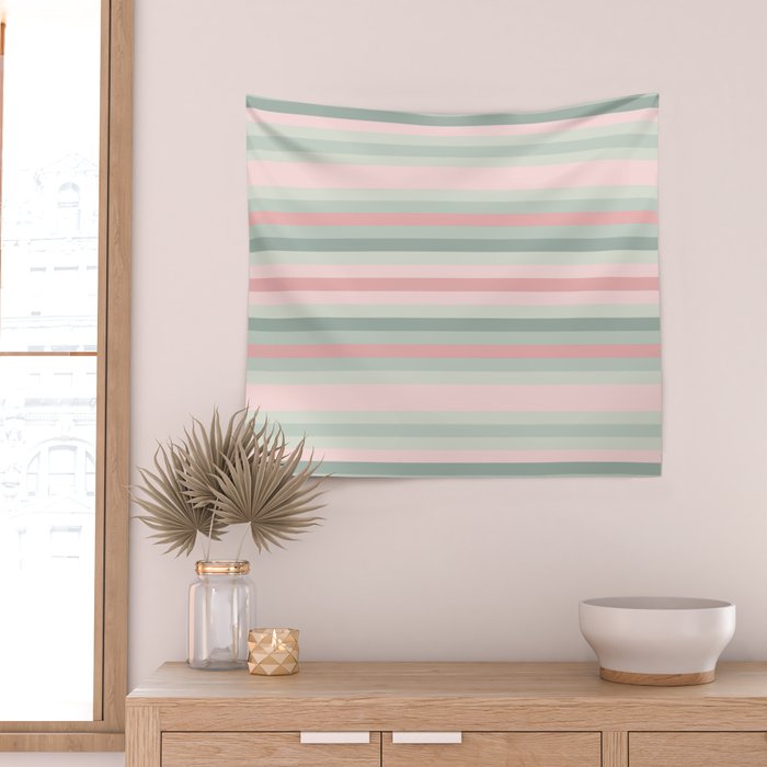 Soft Stripes Pattern in Eucalyptus Green and Blush Pink Wall Tapestry Gallery Image 2