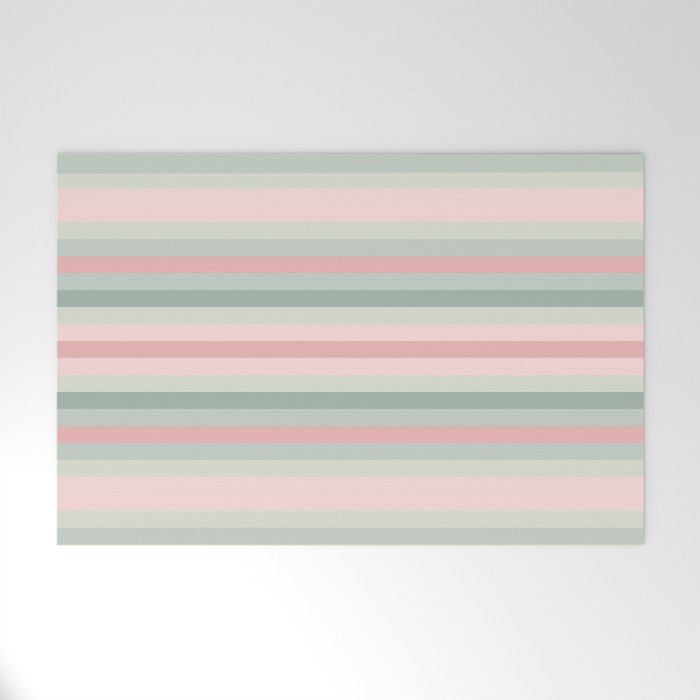 Soft Stripes Pattern in Eucalyptus Green and Blush Pink Welcome Mat Gallery Image 1
