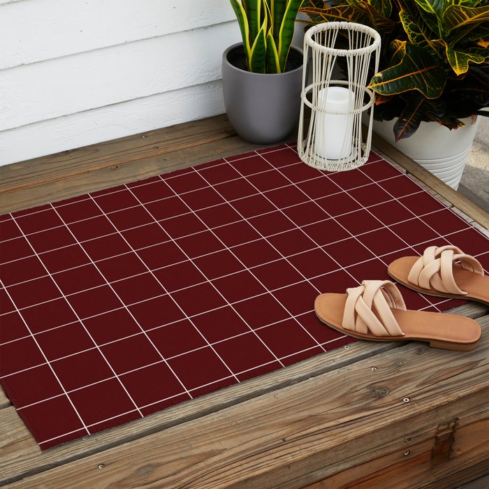 Windowpane Check Grid (white/maroon) Outdoor Rug Gallery Image 2