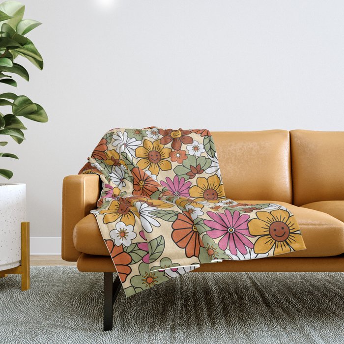 Retro 70s Boho Floral Pattern Throw Blanket Gallery Image 1