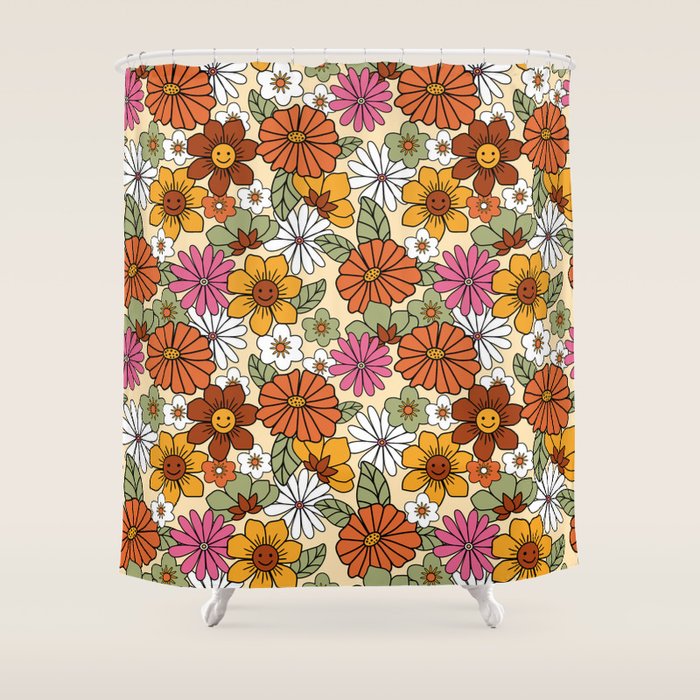 Retro 70s Boho Floral Pattern Shower Curtain Gallery Image 1