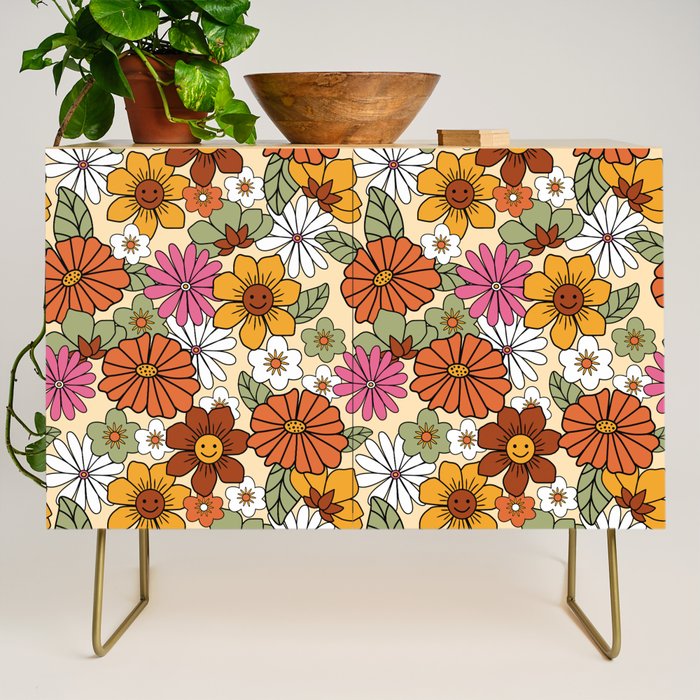 Retro 70s Boho Floral Pattern Credenza Gallery Image 1