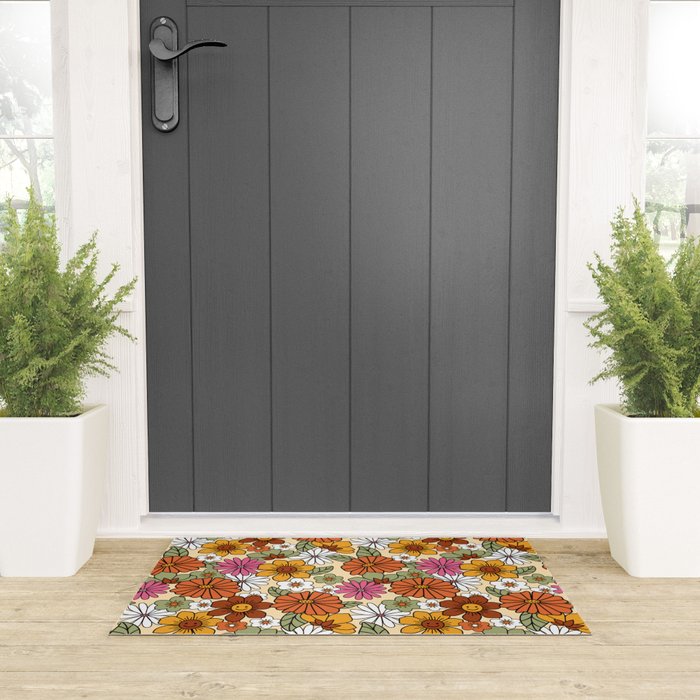 Retro 70s Boho Floral Pattern Welcome Mat Gallery Image 3