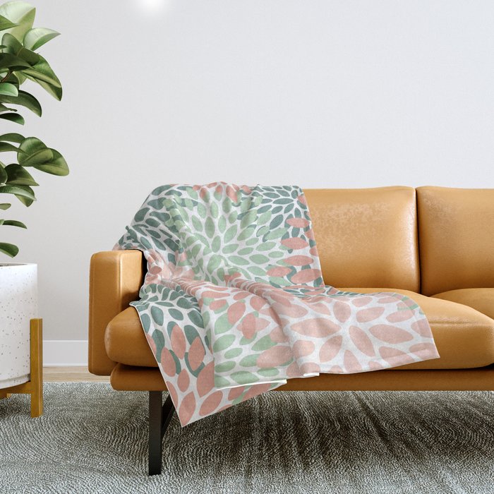 Festive, Abstract Floral Prints, Coral and Green Throw Blanket Gallery Image 1