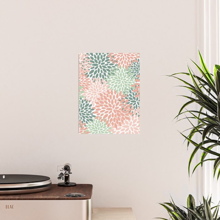 Festive, Abstract Floral Prints, Coral and Green Poster Gallery Image 2