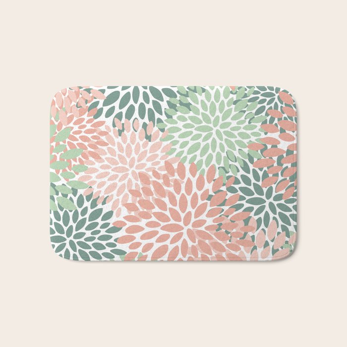 Festive, Abstract Floral Prints, Coral and Green Bath Mat Gallery Image 1
