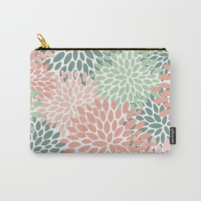 Festive, Abstract Floral Prints, Coral and Green Carry All Pouch Gallery Image 1