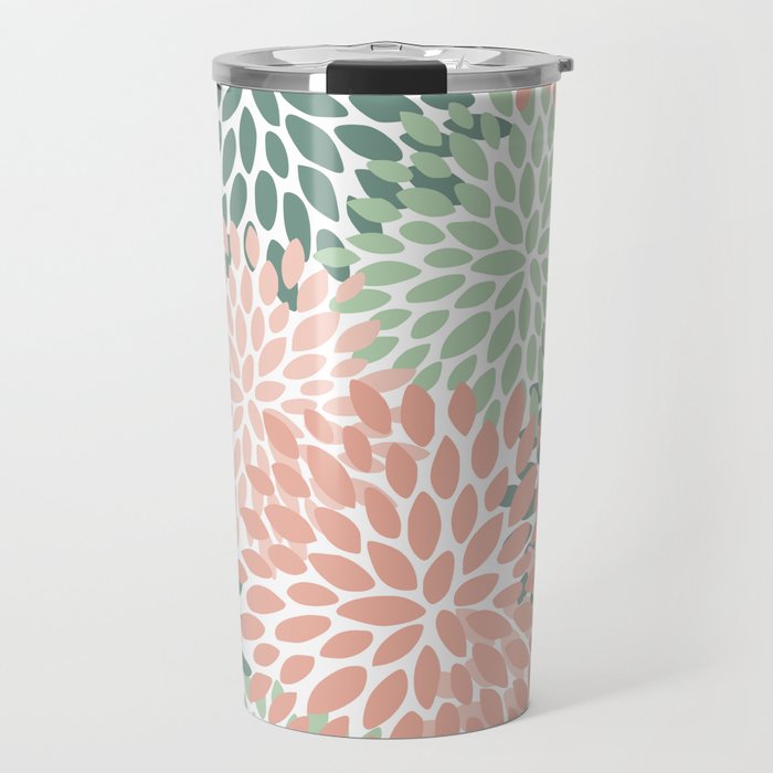Festive, Abstract Floral Prints, Coral and Green Travel Mug Gallery Image 1