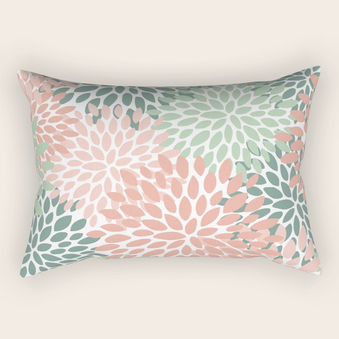 Festive, Abstract Floral Prints, Coral and Green Rectangular Pillow Gallery Image 1