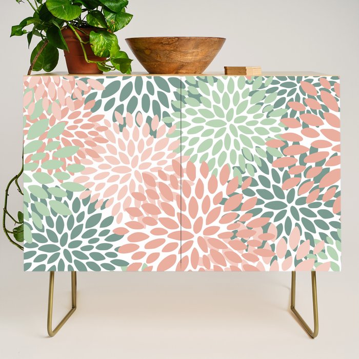 Festive, Abstract Floral Prints, Coral and Green Credenza Gallery Image 1
