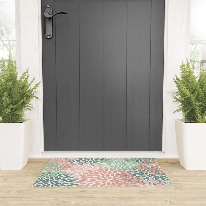 Festive, Abstract Floral Prints, Coral and Green Welcome Mat Gallery Image 3