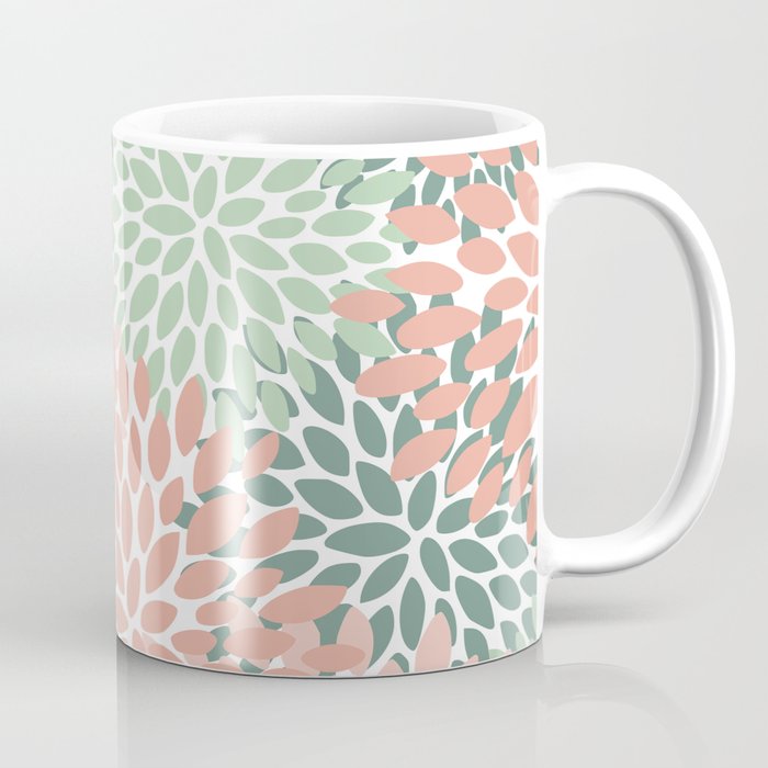 Festive, Abstract Floral Prints, Coral and Green Coffee Mug Gallery Image 1