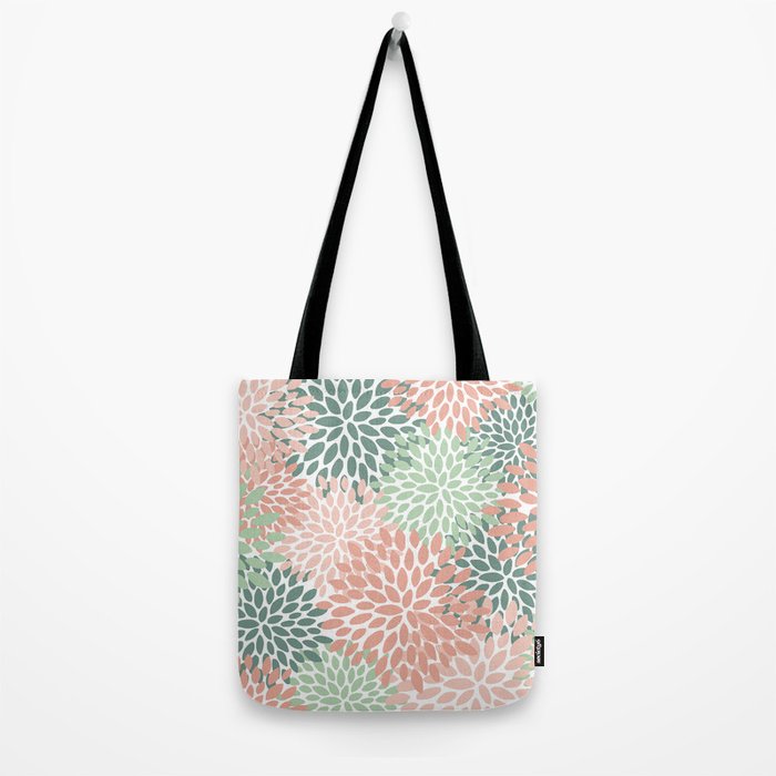 Festive, Abstract Floral Prints, Coral and Green Tote Bag Gallery Image 2