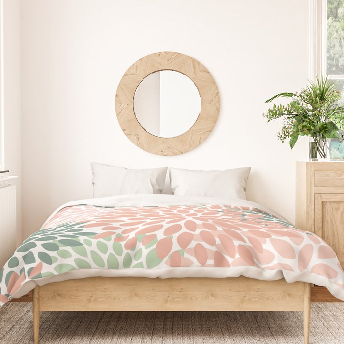 Festive, Abstract Floral Prints, Coral and Green Duvet Cover Gallery Image 3