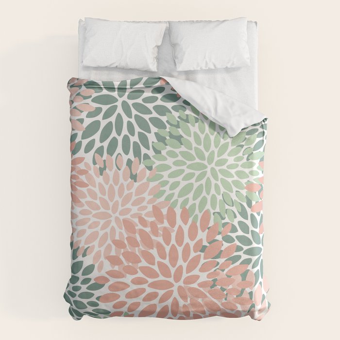 Festive, Abstract Floral Prints, Coral and Green Duvet Cover Gallery Image 1