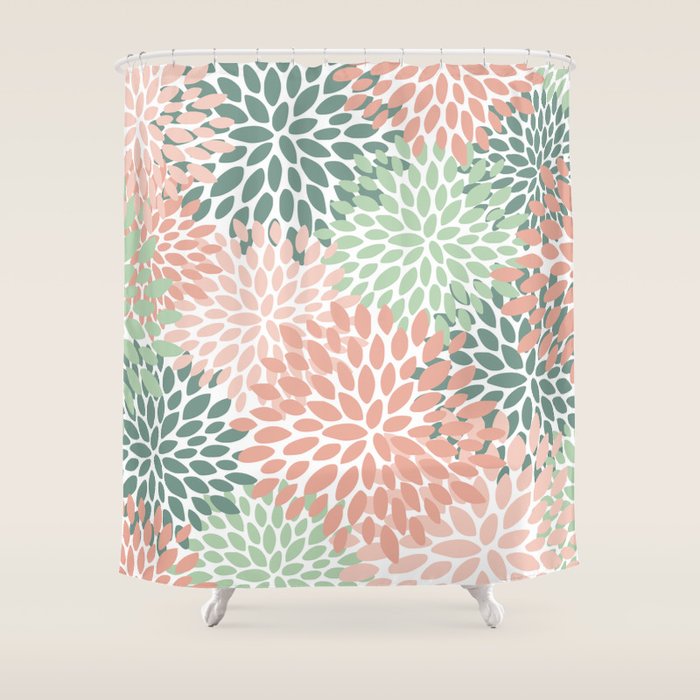 Festive, Abstract Floral Prints, Coral and Green Shower Curtain Gallery Image 1