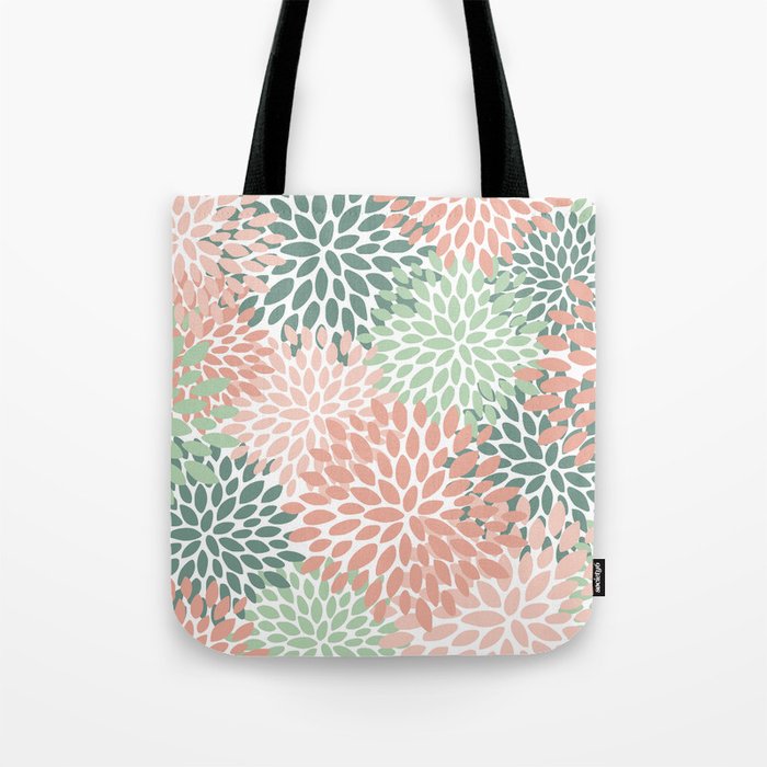 Festive, Abstract Floral Prints, Coral and Green Tote Bag Gallery Image 1