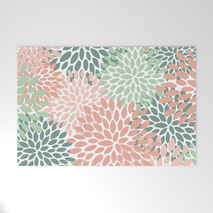 Festive, Abstract Floral Prints, Coral and Green Welcome Mat Gallery Image 1