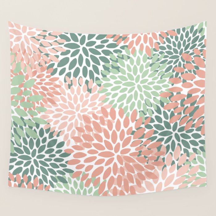 Festive, Abstract Floral Prints, Coral and Green Wall Tapestry Gallery Image 4