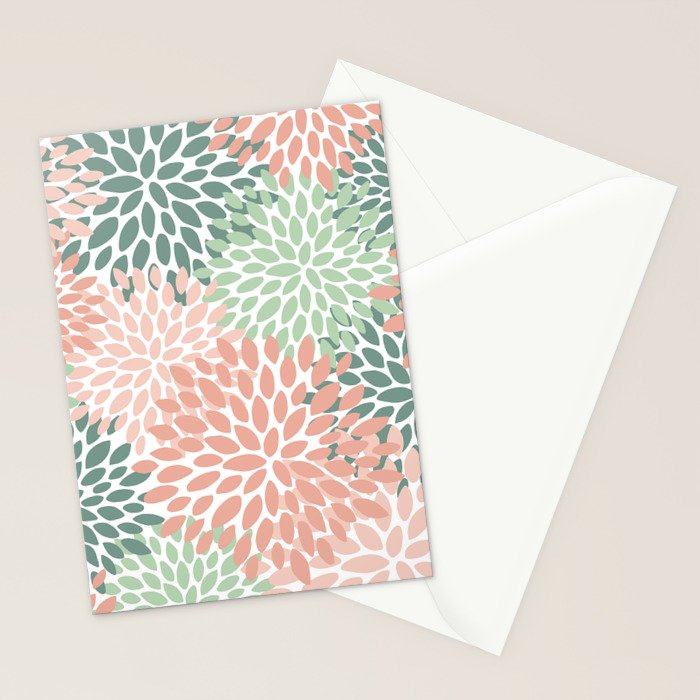 Festive, Abstract Floral Prints, Coral and Green Stationery Card Gallery Image 2