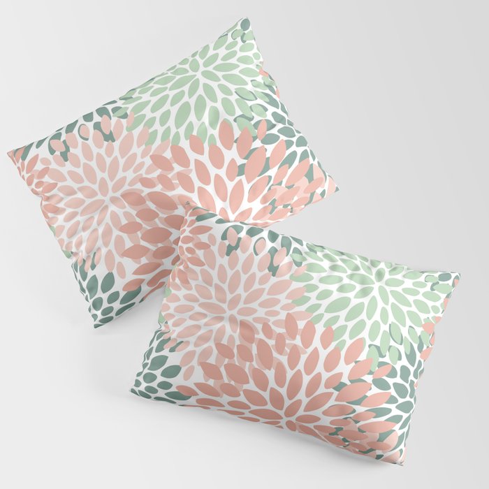 Festive, Abstract Floral Prints, Coral and Green Pillow Sham Gallery Image 3