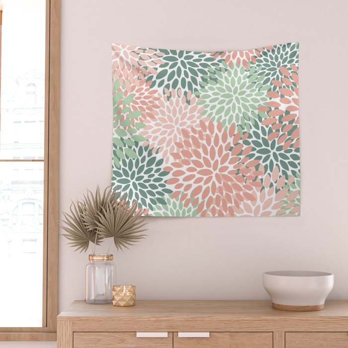 Festive, Abstract Floral Prints, Coral and Green Wall Tapestry Gallery Image 2