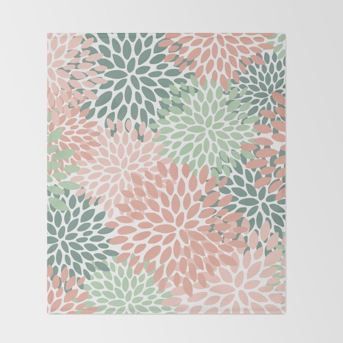 Festive, Abstract Floral Prints, Coral and Green Throw Blanket Gallery Image 2