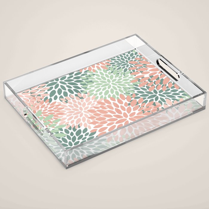 Festive, Abstract Floral Prints, Coral and Green Acrylic Tray Gallery Image 1