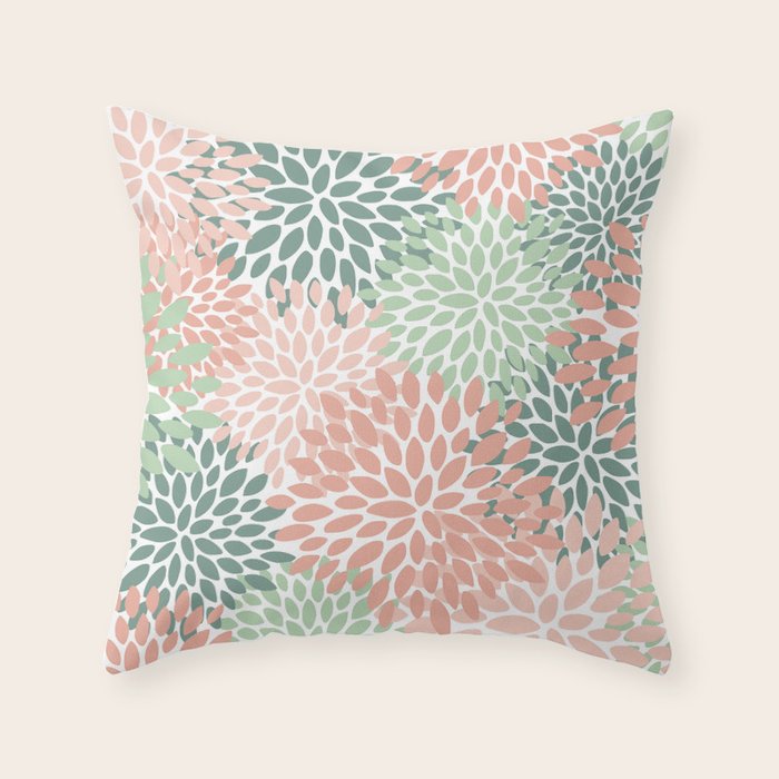 Festive, Abstract Floral Prints, Coral and Green Throw Pillow Gallery Image 1