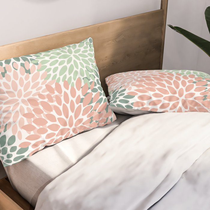 Festive, Abstract Floral Prints, Coral and Green Pillow Sham Gallery Image 2