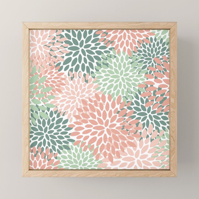 Festive, Abstract Floral Prints, Coral and Green Mini Art Print Gallery Image 1