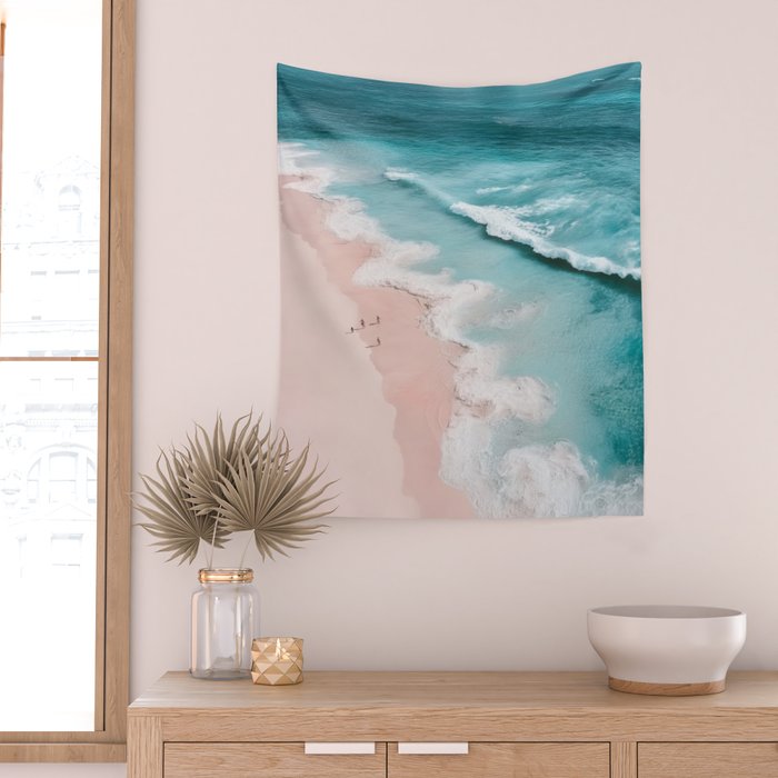 Dream Beach - Aerial Photography of Pink and Turquoise Coast Wall Tapestry Gallery Image 2