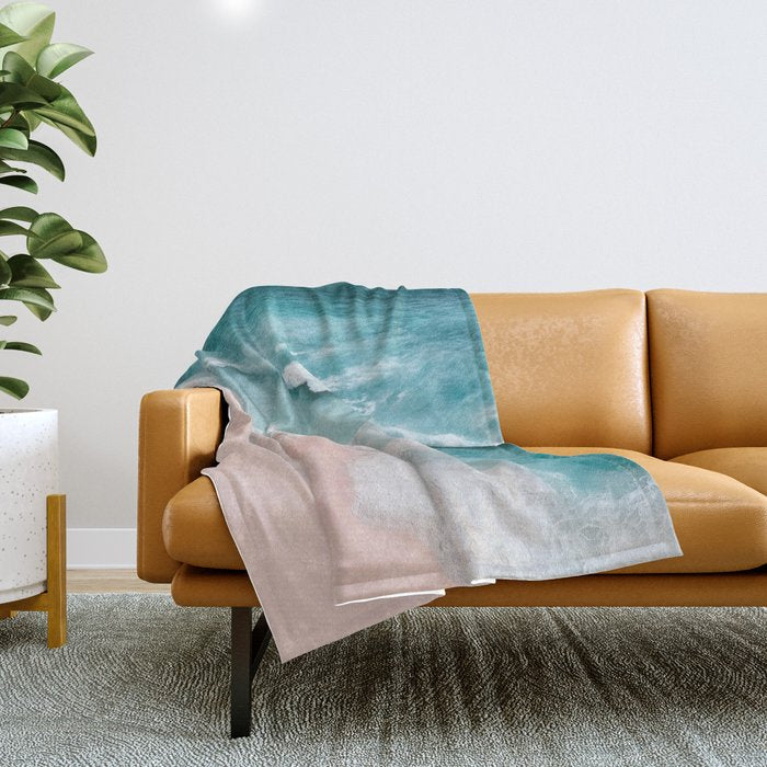 Dream Beach - Aerial Photography of Pink and Turquoise Coast Throw Blanket Gallery Image 1