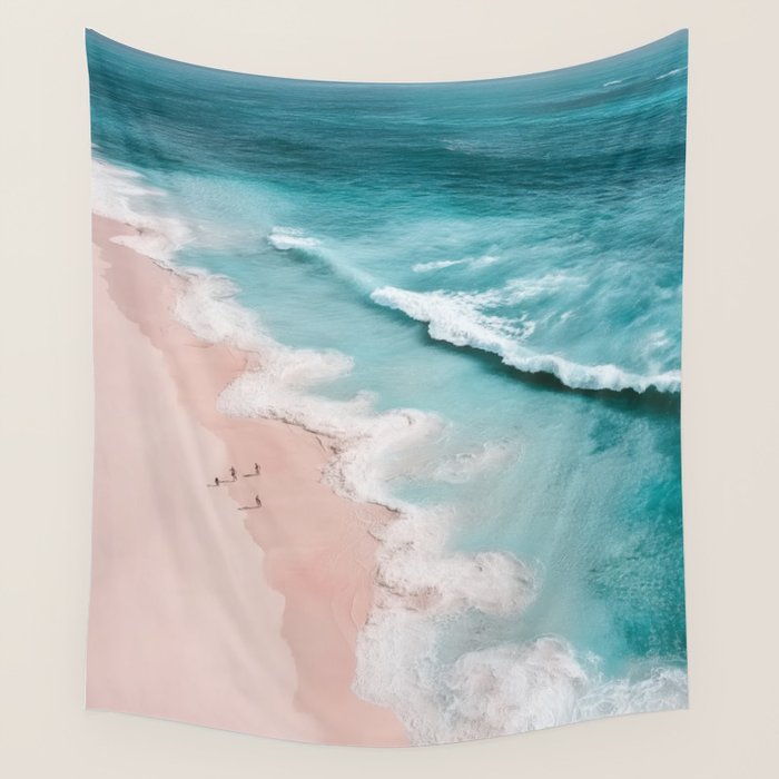 Dream Beach - Aerial Photography of Pink and Turquoise Coast Wall Tapestry Gallery Image 2