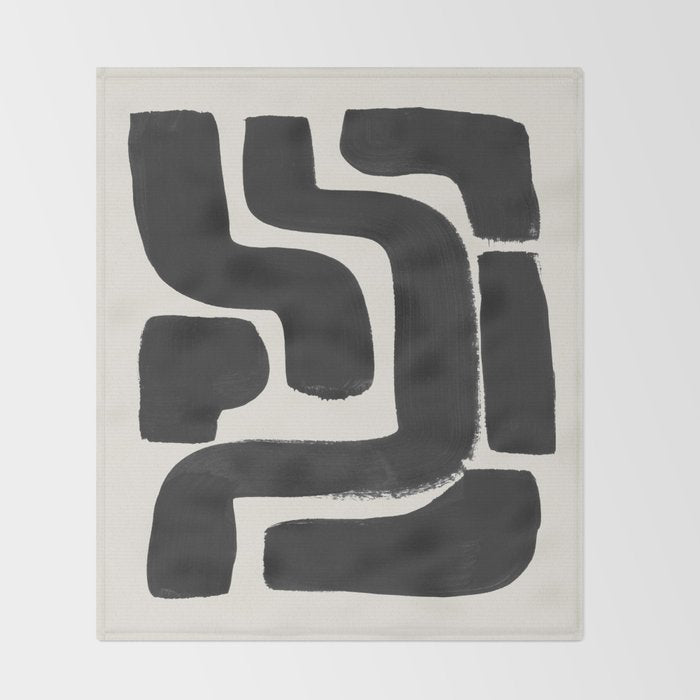 Black Ink Paint Brush Strokes Abstract Organic Pattern Mid Century Style Throw Blanket Gallery Image 2