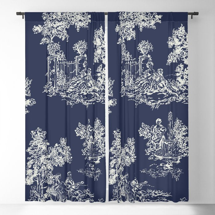 Toile de Jouy Vintage French Navy Blue & White Window Curtain Gallery Image 1