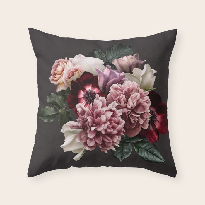 Vintage flowers bouquet. Peony, roses, anemone on dark moody background. Throw Pillow Gallery Image 6