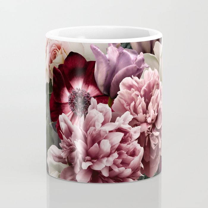 Vintage flowers bouquet. Peony, roses, anemone on dark moody background. Coffee Mug Gallery Image 4