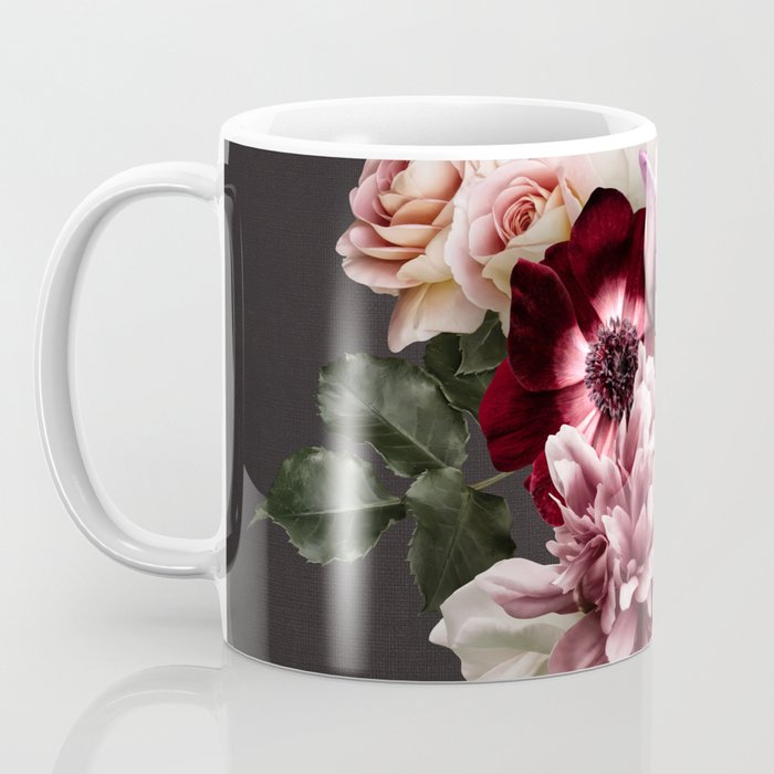Vintage flowers bouquet. Peony, roses, anemone on dark moody background. Coffee Mug Gallery Image 3