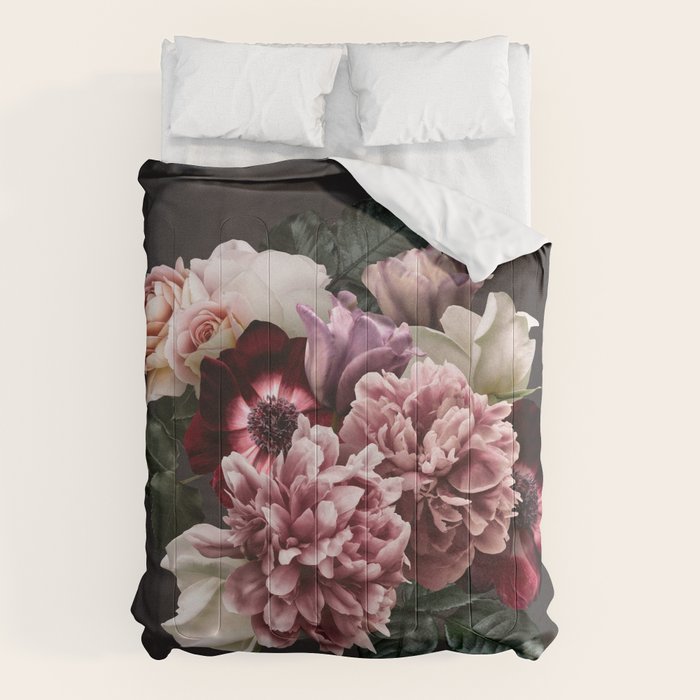 Vintage flowers bouquet. Peony, roses, anemone on dark moody background. Comforter Gallery Image 6