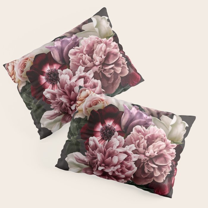 Vintage flowers bouquet. Peony, roses, anemone on dark moody background. Pillow Sham Gallery Image 1