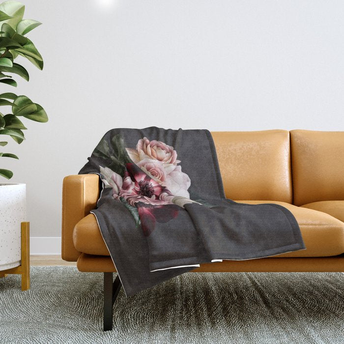 Vintage flowers bouquet. Peony, roses, anemone on dark moody background. Throw Blanket Gallery Image 1
