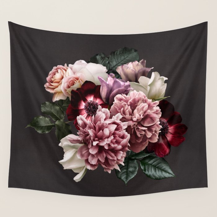 Vintage flowers bouquet. Peony, roses, anemone on dark moody background. Wall Tapestry Gallery Image 4
